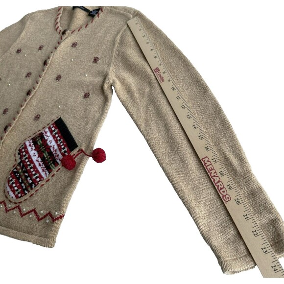 Tan Winter Mittens Snowflake Xmas Sweater Cardigan Ugly Christmas Beads Sz S - Picture 3 of 7